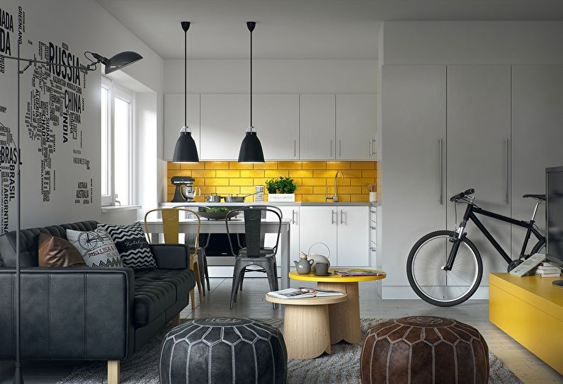 Белая кухня в скандинавском стиле с желтым фартуком - дизайн интерьера