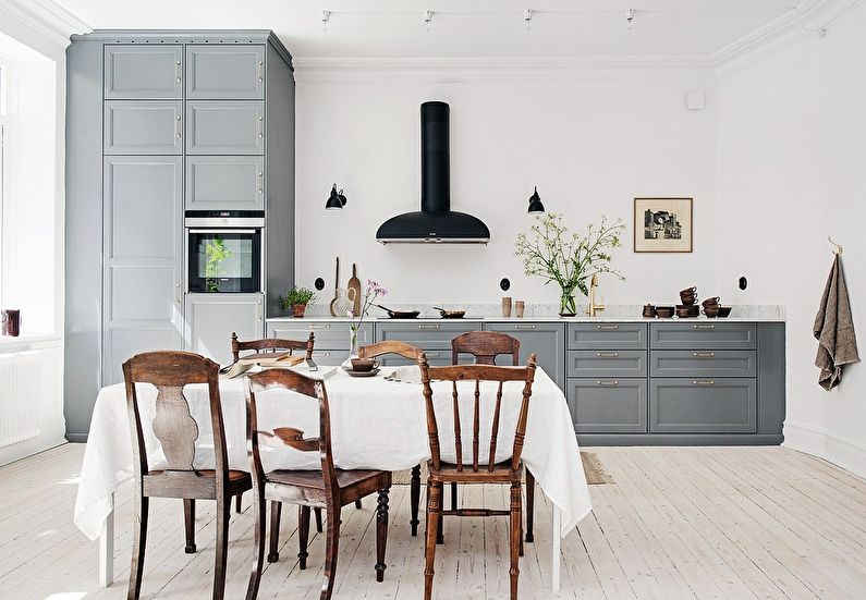Дизайн кухни в скандинавском стиле - серый кухонный гарнитур