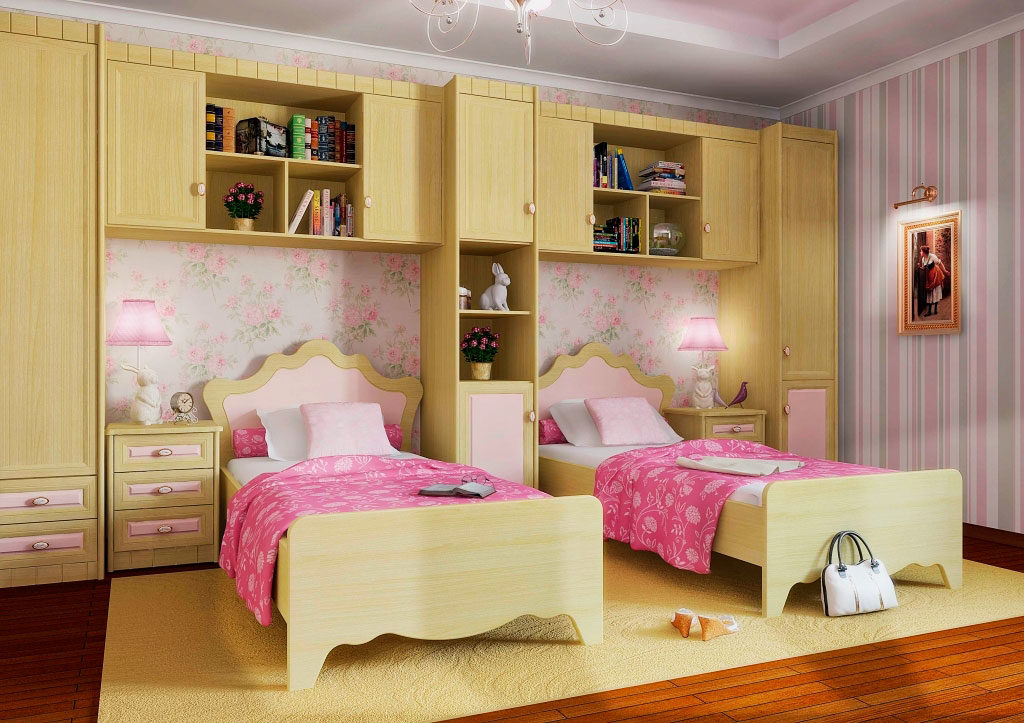 Две кровати в интерьере комнаты девушек подростков